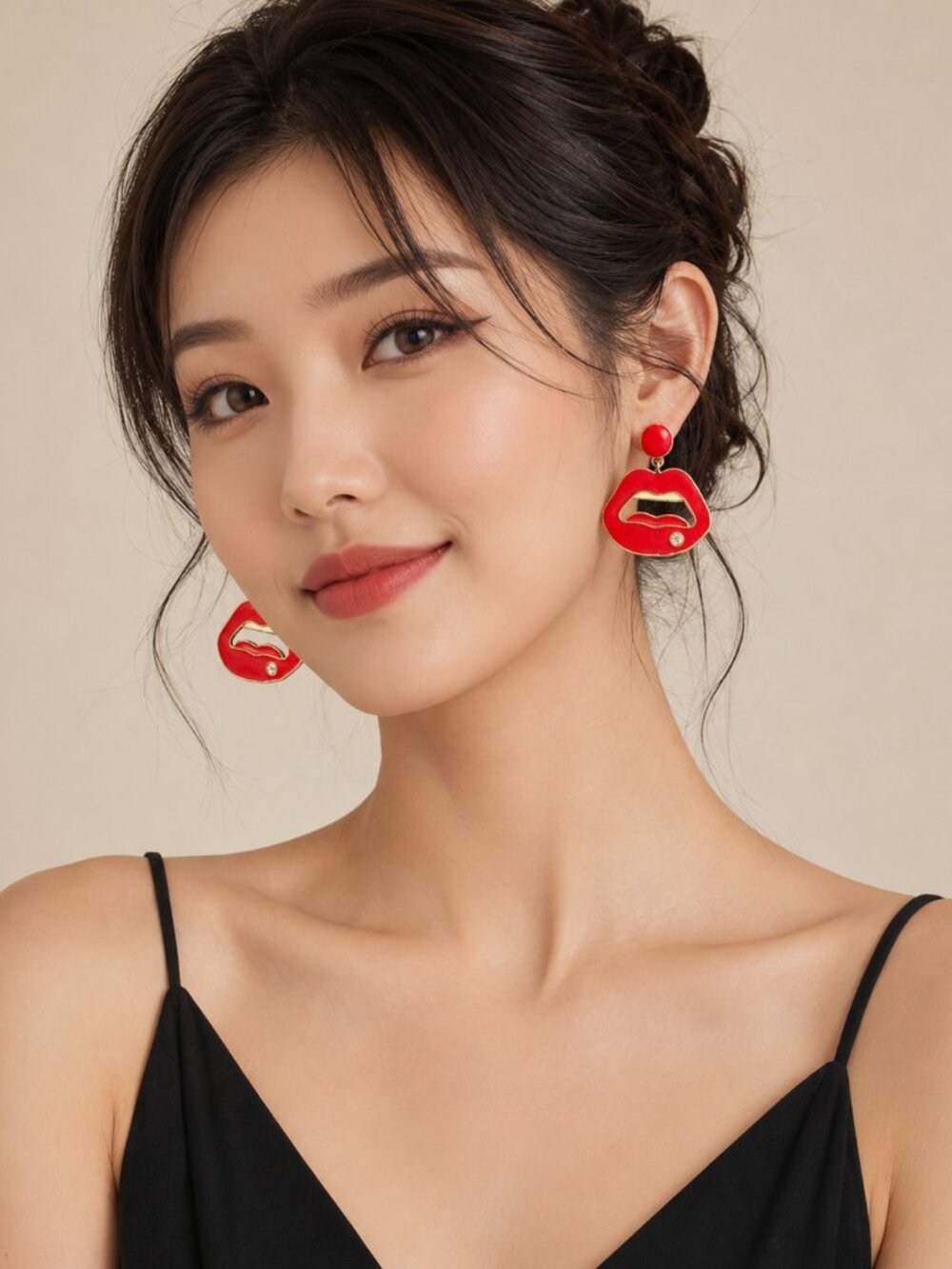 CHUU Korean Bold Red Lips Statement Earrings – Pop Art Style with Crystal Detail